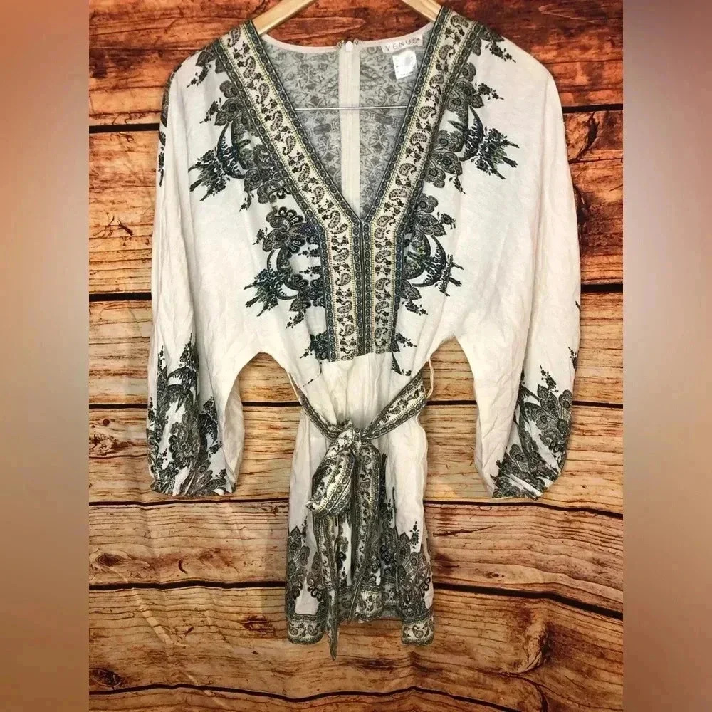 NWOT Venus White Multi Paisley Linen Blend Blouson Slv Romper - Picture 11 of 16
